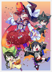 Rule 34 | 2boys, 2girls, ahoge, alternate costume, animal ears, animal hands, artist name, asymmetrical legwear, bad id, bad twitter id, black cape, black footwear, black hair, black headwear, black pants, blood, blood on clothes, blue background, blue footwear, blush, border, bow, brown eyes, brown hair, cape, center frills, chabashira tenko, chibi, clothing request, collared shirt, commentary request, danganronpa (series), danganronpa v3: killing harmony, demon horns, demon tail, facial mark, fake horns, fang, floating hair, frills, gem, gloves, green eyes, hairband, haji (hajimaji), halloween costume, hat, hat bow, highres, horns, jack-o&#039;-lantern, korean commentary, long sleeves, looking at viewer, mismatched legwear, multicolored background, multicolored footwear, multicolored hair, multiple boys, multiple girls, oma kokichi, open mouth, orange background, orange cape, orange hairband, pants, paw gloves, pink blood, pointing, pointing at viewer, print shirt, red eyes, red hair, red shorts, red skirt, saihara shuichi, shirt, shoes, short hair, shorts, skirt, smile, sparkle, star (symbol), striped, sweatdrop, tail, teeth, upper teeth only, whisker markings, white border, white bow, white shirt, witch hat, wolf ears, wolf tail, yumeno himiko