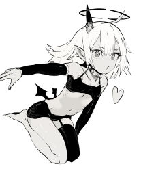 Rule 34 | 1girl, barefoot, copyright request, ddari, detached sleeves, earrings, flat chest, greyscale, halo, heart, highres, horns, jewelry, long hair, long sleeves, looking at viewer, monochrome, navel, parted lips, pointy ears, simple background, single thighhigh, solo, strapless, thighhighs, tube top, white background