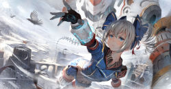 Rule 34 | 1girl, bird, blue eyes, blue skirt, blurry, bow, bronya zaychik, bronya zaychik (valkyrie chariot), building, castle, cloud, cloudy sky, day, depth of field, drill hair, feathers, feet out of frame, fingerless gloves, flag, flying, gloves, hair bow, highres, honkai (series), honkai impact 3rd, jacket, looking at viewer, mecha, medium hair, motion blur, outdoors, outstretched arm, perspective, pleated skirt, puffy short sleeves, puffy sleeves, robot, scenery, serious, short sleeves, skirt, sky, solo, thighhighs, toriumi harumi, twin drills, twintails, v-shaped eyebrows, white hair, wind, wing collar, zettai ryouiki