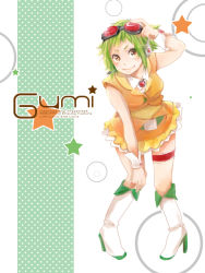 Rule 34 | 1girl, belt, belt buckle, blush, boots, breasts, buckle, closed mouth, eyebrows, eyelashes, female focus, full body, goggles, goggles on head, green hair, gumi, hair ornament, headphones, headset, high heel boots, high heels, kazura (artist), knee boots, legs apart, looking at viewer, short hair, skirt, sleeveless, small breasts, smile, solo, standing, star (symbol), thigh strap, thighs, vocaloid, white background, white footwear, wrist cuffs, yellow eyes