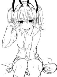 Rule 34 | 1girl, alternate hairstyle, animal ears, arm up, between legs, blush, closed mouth, cloud, collared shirt, commentary, cowboy shot, dress shirt, greatmosu, greyscale, hair between eyes, hair intakes, hand between legs, hand in own hair, highres, kneehighs, long hair, long sleeves, looking at viewer, monochrome, mouse ears, mouse tail, nazrin, shirt, simple background, sitting, skirt, socks, solo, sweat, tail, touhou, white background