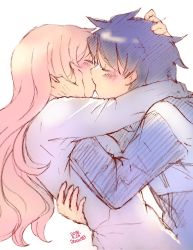 Rule 34 | 1boy, 1girl, blue hair, blue jacket, blush, couple, dated, closed eyes, from side, hand on another&#039;s back, hand on another&#039;s head, hetero, highres, hiraga saito, hug, jacket, kiss, louise francoise le blanc de la valliere, pink hair, shirt, signature, simple background, white background, yasai, zero no tsukaima