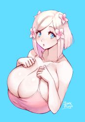 Rule 34 | 1girl, bare shoulders, blonde hair, blue background, blue eyes, bob cut, borrowed character, breasts, bursting breasts, cleavage, commentary request, dskn, eyelashes, flower, freckles, futo momo (dskn), hair flower, hair ornament, highres, huge breasts, junkpuyo, looking at viewer, original, pale skin, parted lips, short hair, signature, solo, spaghetti strap, strap pull, swept bangs, upper body