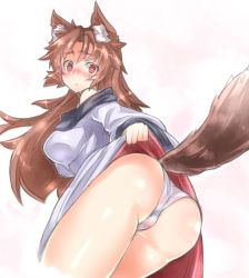 Rule 34 | 1girl, :&lt;, animal ears, ass, bare shoulders, bent over, blush, breasts, brown hair, brown tail, closed mouth, clothes lift, cowboy shot, dress, dress lift, from behind, imaizumi kagerou, lifted by self, long hair, looking at viewer, looking back, medium breasts, nose blush, off-shoulder dress, off shoulder, ototobe, panties, red eyes, see-through, see-through silhouette, solo, tail, touhou, underwear, wet, wet clothes, wet panties, white panties, wolf ears, wolf girl, wolf tail