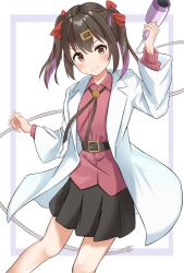 Rule 34 | 1girl, absurdres, bare legs, belt, black hair, black skirt, bolo tie, brown eyes, coat, commentary, hair dryer, hair ornament, hair ribbon, hairclip, highres, holding, holding hair dryer, lab coat, light blush, long sleeves, medium hair, multicolored hair, onii-chan wa oshimai!, open clothes, open coat, oyama mihari, pleated skirt, purple hair, red ribbon, red shirt, ribbon, shirt, simple background, skirt, smile, solo, twintails, two-tone hair, white background, wing collar, you0812n