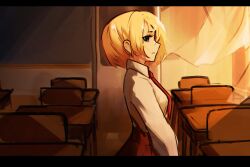 Rule 34 | 1girl, blonde hair, bob cut, brown skirt, chalkboard, classroom, closed mouth, collared shirt, desk, grey eyes, highres, hololive, hololive english, indoors, medium hair, necktie, profile, red necktie, school desk, shirt, skirt, solo, vergil mon, virtual youtuber, watson amelia, white shirt, wing collar