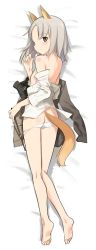 Rule 34 | 10s, 1girl, animal ears, ass, barefoot, brave witches, brown eyes, dakimakura (medium), edytha rossmann, feet, full body, grey hair, jacket, looking back, open clothes, open shirt, panties, pointer, shimada fumikane, shirt, side-tie panties, solo, strike witches, underwear, world witches series