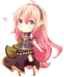 Rule 34 | 1girl, ?, blue eyes, chibi, long hair, looking at viewer, megurine luka, niwako, open mouth, pink hair, simple background, skirt, solo, vocaloid