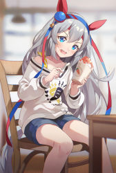 Rule 34 | 1girl, :d, animal ears, blue eyes, blush, chair, cup, denim, denim shorts, ear covers, eating, fang, food, food on face, grey hair, hair between eyes, hairband, headband, highres, holding, holding cup, holding food, holding spoon, horse ears, horse girl, horse tail, hoshiko (419401x), long hair, long sleeves, looking at viewer, open mouth, red headband, shaved ice, shirt, shorts, sitting, smile, solo, spoon, table, tail, tamamo cross (umamusume), umamusume