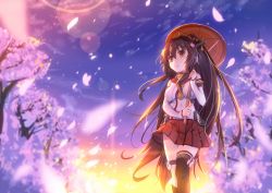 Rule 34 | 10s, 1girl, asymmetrical legwear, bare shoulders, blurry, brown eyes, brown hair, cherry blossoms, depth of field, detached sleeves, flower, hair flower, hair ornament, kantai collection, katee, lens flare, long hair, outdoors, petals, ponytail, skirt, solo, thighhighs, twilight, umbrella, uneven legwear, very long hair, yamato (kancolle)