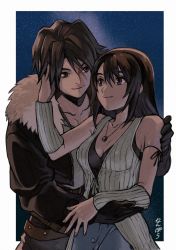 Rule 34 | 1boy, 1girl, arm ribbon, black gloves, breasts, brown hair, cleavage, couple, final fantasy, final fantasy viii, fur collar, gloves, hand on another&#039;s face, hand on another&#039;s shoulder, hetero, highres, hug, jacket, jewelry, looking at another, nanpou (nanpou0021), necklace, night, ribbon, rinoa heartilly, sky, smile, squall leonhart, star (sky), starry sky, upper body