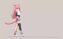 Rule 34 | 1girl, 2023, ai.mi (omega strikers), animal ears, animated, asymmetrical clothes, asymmetrical footwear, asymmetrical gloves, asymmetrical legwear, black shorts, blue eyes, blue nails, cat ears, cat girl, cat tail, clenched hands, commentary, cropped jacket, earphones, elbow gloves, english commentary, expressionless, female focus, gloves, grey background, hair between eyes, hair over shoulder, heterochromia, high collar, kicking, long hair, martin (tuxedopato), midriff, navel, omega strikers, pink hair, shoes, shorts, simple background, skindentation, skirt, socks, solo, tail, thighhighs, throwing, tiptoes, undressing, unworn shoes, v-shaped eyebrows, very long hair, video, walking, yellow eyes
