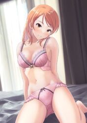 Rule 34 | 1girl, arm support, arms behind back, bare shoulders, barefoot, bed sheet, blurry, blurry background, blush, bra, breasts, brown eyes, brown hair, cleavage, collarbone, curtains, cyde, dot nose, hojo karen, idolmaster, idolmaster cinderella girls, idolmaster cinderella girls starlight stage, indoors, lace, lace-trimmed bra, lace trim, long hair, looking at viewer, medium breasts, midriff, navel, on bed, panties, parted lips, pink bra, pink panties, sitting, smile, solo, underwear, underwear only, wariza, window