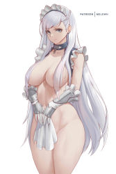 Rule 34 | 1girl, absurdres, azur lane, belfast (azur lane), blue eyes, bottomless, breasts, breasts out, broken, broken chain, chain, cleavage, collar, covered erect nipples, covering privates, covering crotch, curvy, frilled sleeves, frills, gloves, highres, large breasts, little bel (azur lane), looking at viewer, maid, maid headdress, melowh, no panties, no pants, solo, standing, thick thighs, thighs, white hair