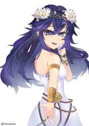 1girl armlet artist_name backless_dress backless_outfit bare_shoulders blue_eyes blue_hair bracelet brand_of_the_exalt breasts dress eyelashes female_focus fire_emblem fire_emblem_awakening fire_emblem_heroes flower flower_bracelet hair_between_eyes hair_flower hair_ornament hand_on_own_face hands_up happy intelligent_systems jewelry long_hair looking_at_viewer looking_back lucina_(fire_emblem) lucina_(valentine)_(fire_emblem) matching_hair/eyes neck nintendo no_bra offering_hand official_alternate_costume open_mouth outstretched_arm rope_belt shoulder_blades sidelocks sleeveless sleeveless_dress small_breasts standing sundress turning_head white_dress yakuyaku