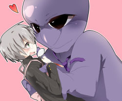 Rule 34 | 1boy, ao oni, apron, bad id, bad pixiv id, blush, emia (castilla), eye contact, gakuran, glasses, green eyes, heart, hiroshi (ao oni), holding, hug, ladle, long sleeves, looking at another, necktie, pink background, profile, school uniform, shiny clothes, silver hair, simple background, sweatdrop, the oni (ao oni), upper body