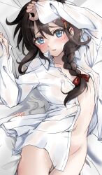 Rule 34 | 1girl, arm up, bed sheet, black hair, blue eyes, blush, borrowed clothes, bow, braid, commentary request, covered erect nipples, cowboy shot, curvy, dress shirt, embarrassed, eyelashes, furrowed brow, groin, hair between eyes, hair bow, hand on own head, hand up, head tilt, highres, kantai collection, long hair, looking at viewer, lying, navel, nose blush, on back, one-hour drawing challenge, open clothes, open shirt, parted lips, red bow, shigure (kancolle), shirt, sidelocks, signature, single braid, sleeves past wrists, solo, sweatdrop, thigh gap, usami (50-point caliper), white shirt