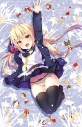 Rule 34 | 1girl, :d, black sailor collar, black skirt, black thighhighs, blonde hair, blue cardigan, blue jacket, cardigan, crescent, crescent hair ornament, fang, glowing, hair ornament, jacket, jan (janpx2012), kantai collection, long hair, long sleeves, necktie, open mouth, panties, pleated skirt, sailor collar, satsuki (kancolle), satsuki kai ni (kancolle), sheath, skirt, smile, solo, striped clothes, striped panties, thighhighs, twintails, underwear, v-shaped eyebrows, yellow eyes, yellow necktie