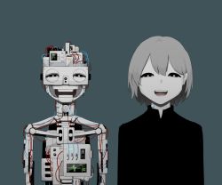 Rule 34 | :d, android, avogado6, black shirt, blue background, half-closed eyes, joints, long sleeves, looking at viewer, mechanical parts, open mouth, original, pale skin, robot joints, shirt, simple background, smile, teeth