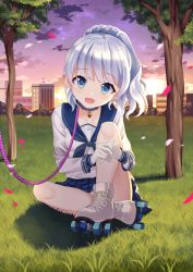 Rule 34 | 1girl, bdsm, bell, blue eyes, blue skirt, boots, building, cherry blossoms, child, chinese commentary, cloud, collar, commentary request, gloves, highres, jingle bell, knee up, leash, legs, crossed legs, long hair, looking at viewer, miniskirt, okazakileo, open mouth, outdoors, own hands together, panties, panty peek, petals, ponytail, roller skates, rope, school uniform, serafuku, shirt, shoelaces, sigsbee (warship girls r), silver hair, sitting, skates, skirt, sky, slave, smile, solo, thighs, tree, underwear, upskirt, warship girls r, white footwear, white gloves, white panties, white shirt