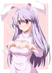 Rule 34 | 1girl, :o, animal ears, blush, breasts, rabbit ears, cleavage, cleavage cutout, clothing cutout, female focus, highres, large breasts, long hair, meme attire, nori tamago, open-chest sweater, reisen udongein inaba, ribbed sweater, solo, sweatdrop, sweater, touhou, turtleneck, upper body