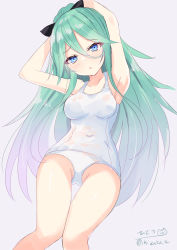 Rule 34 | :o, absurdres, alternate costume, armpits, arms behind head, ass, black ribbon, breasts, collarbone, gradient hair, green eyes, green hair, grey background, hair between eyes, hair flaps, hair ornament, hair ribbon, hairclip, highres, hizaka, kantai collection, medium breasts, multicolored hair, one-piece swimsuit, open mouth, ponytail, ribbon, school swimsuit, signature, simple background, swimsuit, twitter username, white one-piece swimsuit, yamakaze (kancolle)
