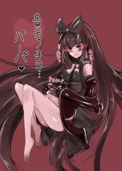 Rule 34 | 10s, 1girl, abyssal ship, bare legs, black bow, black dress, black hair, blush, bow, breasts, cleavage, commentary request, dress, gothic lolita, hair bow, heart, heart-shaped pupils, kantai collection, lolita fashion, long hair, navel, pregnant, red eyes, seaplane tender princess, solo, symbol-shaped pupils, translation request, very long hair, yamoto