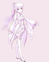 Rule 34 | 10s, 1girl, bare shoulders, boots, breasts, cleavage, cosplay, crossover, detached collar, dress, earrings, emilia (re:zero), emilia (re:zero) (cosplay), flower, full body, hair flower, hair ornament, hair ribbon, high heel boots, high heels, iesupa, jewelry, long hair, looking at viewer, monochrome, overskirt, pleated skirt, ponytail, re:zero kara hajimeru isekai seikatsu, ribbon, rwby, scar, scar across eye, scar on face, side ponytail, skirt, small breasts, smile, solo, thigh boots, thighhighs, tiara, weiss schnee, white hair, wide sleeves