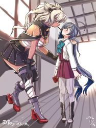 Rule 34 | 10s, 2016, 2girls, ahoge, between breasts, black gloves, black skirt, blush, boots, breasts, budget sarashi, commentary request, cross-laced footwear, dark-skinned female, dark skin, dated, food, glasses, gloves, grey footwear, grey hair, hand on own knee, height difference, high heels, indoors, kantai collection, kiyoshimo (kancolle), lace-up boots, large breasts, long hair, long sleeves, looking at another, looking down, looking up, midriff, multiple girls, musashi (kancolle), musashi kai (kancolle), navel, pantyhose, pleated skirt, pocky, pocky kiss, purple eyes, purple legwear, rudder footwear, sarashi, shared food, shirt, skirt, sunlight, tatsumi ray, thigh boots, thighhighs, tiptoes, twintails, twitter username, very long hair, white hair, white shirt, window, yuri
