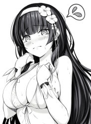 Rule 34 | 1girl, 3:, bad id, bad pixiv id, bare shoulders, bikini, blush, breasts, bridal gauntlets, cleavage, closed mouth, commentary request, embarrassed, closed eyes, flower, front-tie bikini top, front-tie top, frown, girls&#039; frontline, greyscale, hair flower, hair ornament, hairband, large breasts, long hair, monochrome, mutsuba fumi, type 95 (girls&#039; frontline), simple background, solo, spoken sweatdrop, straight hair, sweat, sweatdrop, swimsuit, upper body, white background
