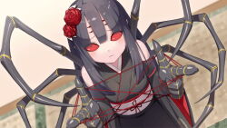 Rule 34 | 1girl, arthropod girl, arthropod limbs, artist request, bare shoulders, black hair, black kimono, blunt bangs, carapace, cat&#039;s cradle, detached sleeves, extra ears, flower, frown, game cg, hair flower, hair ornament, insect girl, japanese clothes, kimono, komachi (monster musume), long hair, looking at viewer, monster musume no iru nichijou, monster musume no iru nichijou online, obi, official art, red eyes, red flower, sash, solid eyes, solo, spider girl, wide sleeves