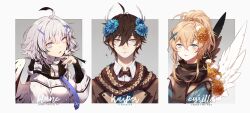 Rule 34 | 1boy, 2girls, ahoge, angel wings, antlers, bird, bird on hand, bird wings, bishounen, black scarf, black shirt, blanc (hen-tie), blonde hair, blue eyes, blue flower, blue jacket, blue shirt, border, bow, bowtie, brown capelet, brown coat, brown hair, brown scarf, buttons, capelet, character name, coat, coattails, collared shirt, commentary, cyrille (hen-tie), deer antlers, english commentary, english text, eyelashes, falling petals, feathered wings, flower, forget-me-not (flower), frown, grey background, hair flower, hair ornament, hairclip, half-closed eyes, hand up, hen-tie, high ponytail, highres, horns, jacket, kasper (hen-tie), layered sleeves, light purple hair, long-tailed tit, long sleeves, looking ahead, multiple girls, necktie, open clothes, open coat, open mouth, original, parted lips, petals, pinstripe pattern, pinstripe shirt, purple necktie, red bow, red bowtie, scarf, shirt, short hair, sidelocks, smile, star (symbol), star in eye, straight-on, striped clothes, striped scarf, symbol in eye, tit (bird), two-tone scarf, upper body, vertical-striped clothes, vertical-striped scarf, wavy hair, white border, white jacket, white scarf, white shirt, white wings, wings, x hair ornament