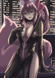 Rule 34 | 1girl, animal ear fluff, animal ears, black bodysuit, bodysuit, bow, breasts, center opening, choker, cleavage, fate/grand order, fate (series), fox ears, fox girl, fox tail, glasses, hair between eyes, hair bow, highres, hip vent, koyanskaya (assassin) (first ascension) (fate), koyanskaya (fate), ksfactory, large breasts, long hair, looking at viewer, open mouth, pink bow, pink hair, ponytail, sidelocks, smile, solo, tail, tamamo (fate), thighs, window, yellow eyes