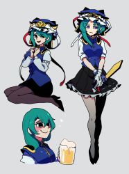 Rule 34 | 1girl, alcohol, asymmetrical hair, beer, beer mug, black eyes, black footwear, black hat, black skirt, blue eyes, blue hat, blue vest, bow, breasts, buttons, collared vest, cup, epaulettes, foam, frilled hat, frills, green hair, grey background, hat, high heels, highres, holding, holding cup, iganashi1, long sleeves, medium breasts, miniskirt, mug, no pupils, on floor, own hands together, pantyhose, red bow, ribbon-trimmed skirt, ribbon-trimmed vest, ribbon trim, rod of remorse, seiza, shiki eiki, shirt, shoes, short hair, simple background, sitting, skirt, sleeve bow, sleeves rolled up, smile, solo, touhou, variations, vest, white background, white bow, white shirt