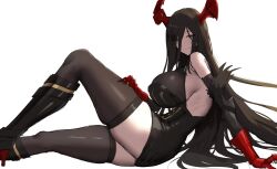Rule 34 | 1girl, azur lane, black dress, black footwear, black hair, black thighhighs, breasts, brown eyes, closed mouth, dress, elbow gloves, friedrich der grosse (azur lane), from side, gloves, highres, horns, huge breasts, long hair, looking at viewer, mechanical horns, red gloves, shiroshisu, simple background, sitting, smile, solo, thighhighs, very long hair, white background
