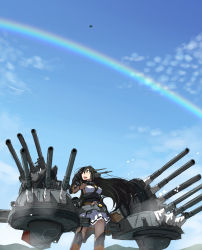 Rule 34 | 10s, 1girl, aircraft, bare shoulders, black hair, blue sky, cannon, day, elbow gloves, gloves, hairband, headgear, imai tetsuya, kantai collection, long hair, looking up, machinery, nagato (kancolle), open mouth, rainbow, sky, solo, thighhighs