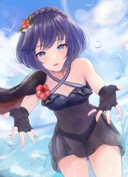 Rule 34 | 1girl, bare shoulders, bird, black gloves, black one-piece swimsuit, blue eyes, blue hair, blush, braid, casual one-piece swimsuit, cloud, cloudy sky, collarbone, cowboy shot, criss-cross halter, crown braid, day, dutch angle, fingerless gloves, fire emblem, fire emblem awakening, fire emblem heroes, fisheye, flower, gloves, hair flower, hair ornament, halterneck, highres, leonmandala, lucina (fire emblem), nintendo, one-piece swimsuit, outdoors, outstretched arms, parted lips, red flower, see-through, short hair, sky, smile, solo, splashing, swimsuit, symbol in eye, water