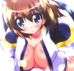 Rule 34 | 00s, 1girl, blue eyes, breasts, brown hair, chirorian, hanging breasts, large breasts, lyrical nanoha, mahou shoujo lyrical nanoha, mahou shoujo lyrical nanoha strikers, open clothes, short hair, smile, solo, yagami hayate