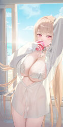 Rule 34 | 1girl, absurdres, blue sky, blush, bra, breasts, brown hair, cleavage, cloud, cloudy sky, collar, commentary request, covering own mouth, fingernails, goddess of victory: nikke, heart collar, highres, holding, horns, indoors, korean commentary, lace, lace-trimmed bra, lace trim, large breasts, light smile, looking at viewer, mole, mole under eye, nail polish, official alternate costume, partially unbuttoned, pink eyes, see-through silhouette, shiny skin, shirt, shugo 15, sky, solo, sunrise, underwear, viper (nikke), viper (shine of love) (nikke), white bra, white collar, white horns, white nails, white shirt