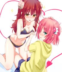 Rule 34 | 2girls, blazer, blue eyes, blush, breasts, chiyoda momo, commentary request, demon girl, demon horns, demon tail, hair ornament, hairclip, holding hands, hand on another&#039;s head, heart, heart tail, highres, horns, interlocked fingers, jacket, large breasts, long hair, looking at another, looking to the side, machikado mazoku, medium hair, multiple girls, open mouth, otakubotti, panties, pink hair, red hair, simple background, skirt, smile, star (symbol), sweatdrop, tail, underwear, underwear only, white background, yellow eyes, yoshida yuuko (machikado mazoku), yuri