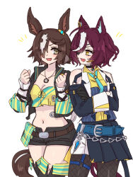 Rule 34 | 2girls, animal ears, bare shoulders, belt, black footwear, black jacket, black shorts, blue belt, boots, breasts, brown hair, cleavage, clenched hands, collarbone, commentary request, cowboy shot, crop top, crossed arms, detached sleeves, ear ornament, eyepatch, fishnet pantyhose, fishnets, hair over one eye, hide oo, highres, horse ears, horse girl, horse tail, jacket, jewelry, medium breasts, midriff, multicolored hair, multiple girls, navel, necklace, pantyhose, short hair, shorts, simple background, smile, streaked hair, tail, tanino gimlet (umamusume), thigh boots, thigh strap, umamusume, vodka (umamusume), white background, white hair, yellow eyes