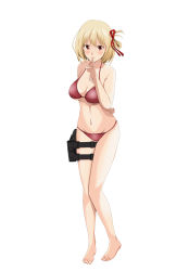 Rule 34 | 1girl, absurdres, arm behind back, bikini, blonde hair, blush, breasts, cleavage, finger to mouth, hair ribbon, highres, large breasts, looking at viewer, lycoris recoil, navel, nishikigi chisato, red bikini, red eyes, ribbon, short hair, simple background, solo, swimsuit, tetsuado, thighs, white background