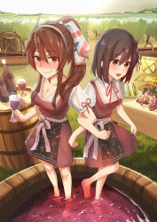 Rule 34 | 10s, 2girls, absurdres, alternate costume, alternate hairstyle, ashigara (kancolle), bad id, bad pixiv id, barefoot, barrel, black hair, blush, bottle, breasts, brown eyes, brown hair, cleavage, colored eyelashes, cup, dirndl, drinking glass, drunk, european clothes, fang, fang out, food, fruit, german clothes, grape stomping, grapes, haguro (kancolle), hair between eyes, hairband, highres, kantai collection, kitazawa (embers), long hair, long sleeves, looking at viewer, multiple girls, open mouth, outdoors, perspective, ponytail, short hair, sidelocks, wavy hair, wavy mouth, wine bottle, wine glass