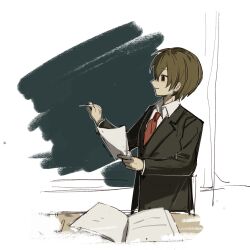 Rule 34 | 1boy, black jacket, book, brown eyes, brown hair, chalk, chinese commentary, closed mouth, collared shirt, commentary request, dilang587, highres, holding, holding chalk, holding paper, jabuchi you, jacket, long sleeves, male focus, necktie, open book, paper, red necktie, saibou shinkyoku, shirt, short hair, sketch, smile, solo, white shirt, writing