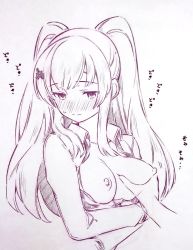 Rule 34 | 1girl, blush, grabbing another&#039;s breast, breasts, closed mouth, commentary request, copyright request, grabbing, hair ornament, highres, long hair, medium breasts, monochrome, nipples, solo focus, sweatdrop, traditional media, tsukareta san, twintails, upper body, yukoku kiriko