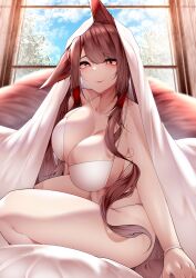 Rule 34 | 1girl, absurdres, akagi (azur lane), animal ears, arm support, azur lane, bikini, blanket, breasts, brown eyes, brown hair, cleavage, closed mouth, collarbone, day, hair tubes, heart, heart-shaped pupils, highres, indoors, large breasts, lips, long hair, looking at viewer, samip, sidelocks, sitting, sky, smile, solo, swimsuit, symbol-shaped pupils, thighs, tree, very long hair, white bikini, window