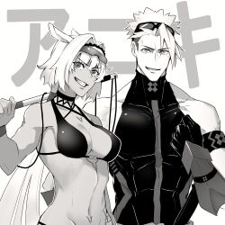 Rule 34 | 1boy, 1girl, absurdres, achilles (fate), achilles (fearless diver) (fate), bikini, breasts, caenis (fate), caenis (swimsuit rider) (fate), collarbone, fate/grand order, fate (series), gauntlets, goggles, goggles on head, grin, harpoon, haruakira, highres, holding, large breasts, large pectorals, looking at viewer, monochrome, muscular, muscular male, open mouth, pectorals, shirt, short hair, sleeveless, sleeveless shirt, smile, swimsuit, tattoo, toned, undercut