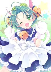Rule 34 | 17ho 10ban, ;d, animal hands, apron, bell, blue bow, blue bowtie, blue dress, bow, bowtie, dejiko, di gi charat, dress, eyes visible through hair, gloves, green eyes, green hair, hair bell, hair ornament, happy, jingle bell, looking at viewer, maid apron, neck bell, one eye closed, open mouth, paw gloves, short hair, short sleeves, smile, solo, white apron