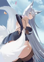 Rule 34 | 1girl, absurdres, animal ears, azur lane, bare shoulders, blue eyes, breasts, convenient censoring, elbow gloves, fingerless gloves, fox ears, fox girl, fox tail, gloves, highres, kitsune, kyuubi, large breasts, looking at viewer, multiple tails, shinano (azur lane), shinano (moonlit chrome) (azur lane), skirt, solo, tail, thick thighs, thighs, tnr (horiko1525), underboob, white hair