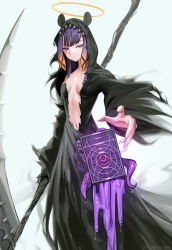 Rule 34 | 1girl, ao-chan (ninomae ina&#039;nis), blunt bangs, book, cloak, collarbone, floating, floating book, floating object, gradient hair, halo, highres, holding, holding scythe, hololive, hololive english, long hair, multicolored hair, ninomae ina&#039;nis, orange hair, purple eyes, purple hair, scythe, sidelocks, solo, teeth, tentacle hair, tentacles, tungsten (kwfr4544), virtual youtuber, weapon